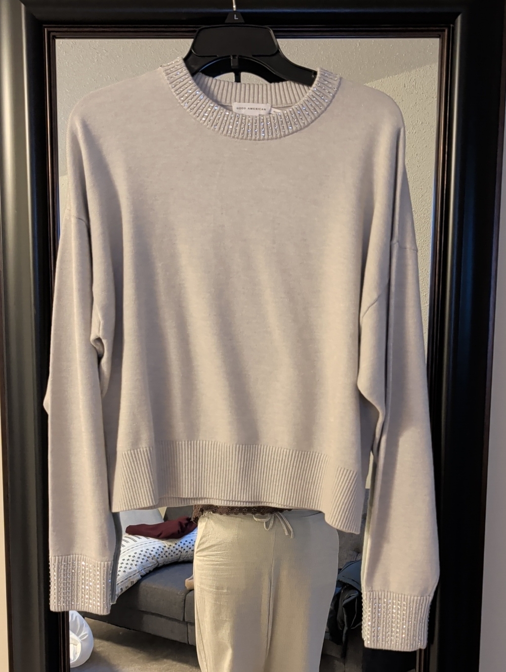 Good American Light Gray Crewneck Sweater with Beaded Trim